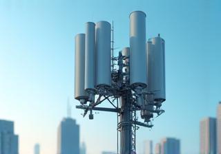 5G antennas on a tower against a city skyline